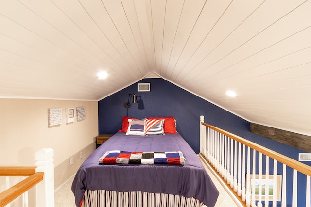 carpeted bedroom with wooden ceiling, crown molding, and vaulted ceiling