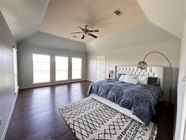 bedroom featuring ceiling fan and dark hardwood / wood-style flooring