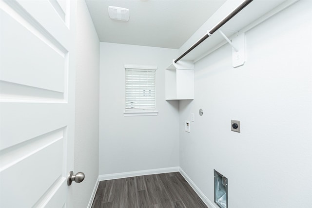 laundry area with hardwood / wood-style flooring, washer hookup, hookup for a gas dryer, and hookup for an electric dryer