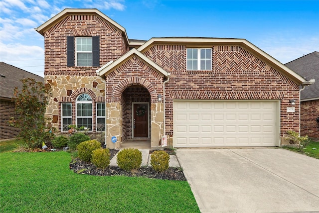 13423 Astley Acres Ln, Cypress, TX 77429 - traditional-style house featuring brick siding, a garage, driveway, and a front yard