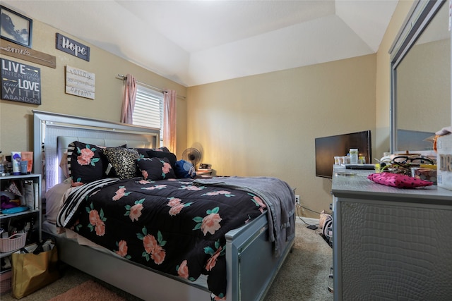 bedroom featuring carpet floors, a tray ceiling, and lofted ceiling