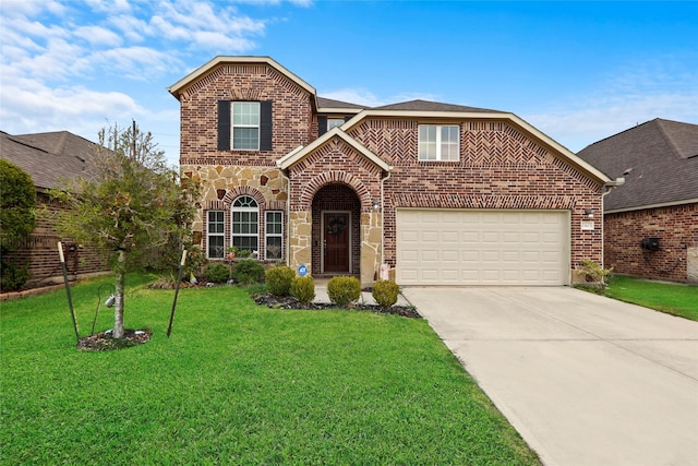 13423 Astley Acres Ln, Cypress, TX 77429 - traditional-style house with concrete driveway, brick siding, stone siding, and a front yard