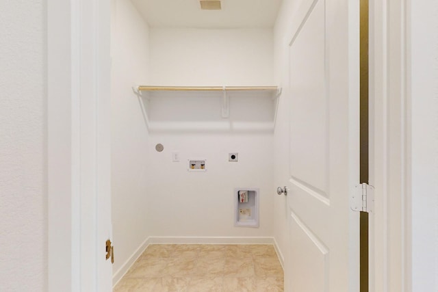 clothes washing area with laundry area, baseboards, hookup for a gas dryer, washer hookup, and electric dryer hookup