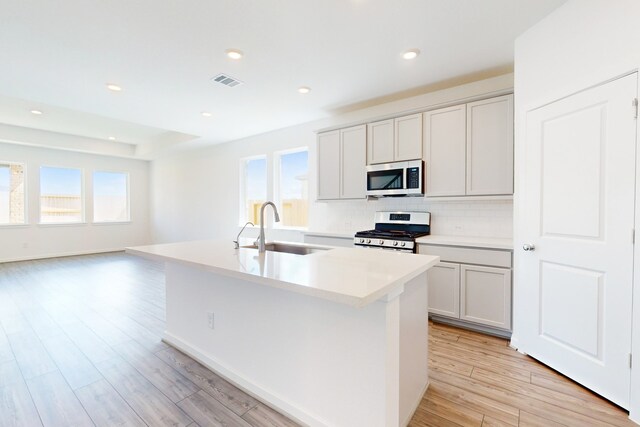 kitchen featuring a kitchen island with sink, plenty of natural light, stainless steel appliances, and sink