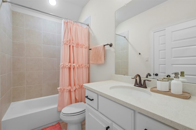 full bathroom with shower / bathtub combination with curtain, vanity, and toilet