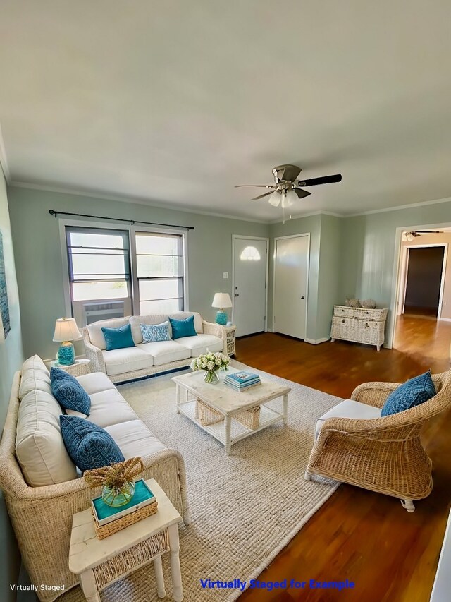 living room featuring crown molding, hardwood / wood-style flooring, and ceiling fan