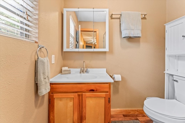 bathroom with wood-type flooring, vanity, and toilet