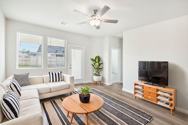 living room featuring ceiling fan and wood-type flooring