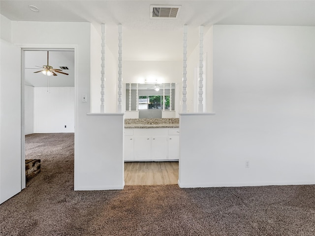 interior space featuring vanity, ceiling fan, and hardwood / wood-style floors