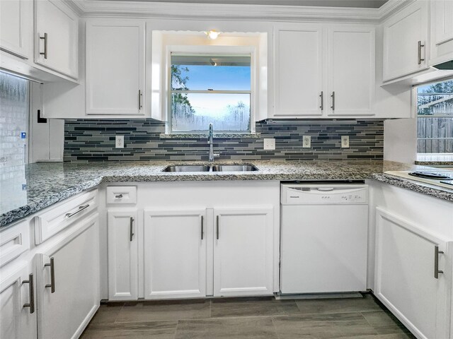 kitchen featuring white cabinets, white appliances, dark hardwood / wood-style flooring, and sink