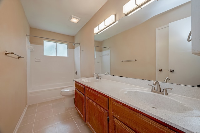 full bathroom featuring tile patterned floors, bathtub / shower combination, toilet, and vanity