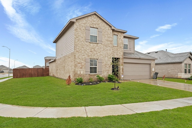 traditional-style house featuring a garage, brick siding, concrete driveway, and a front lawn