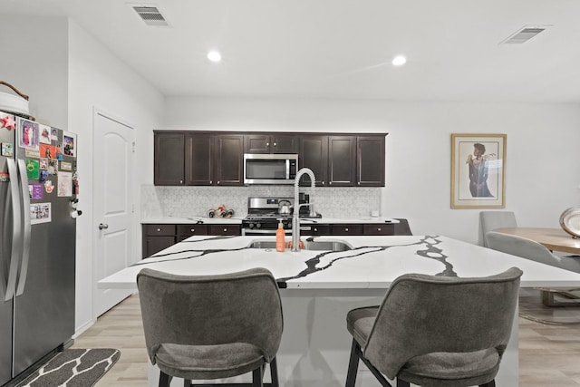 kitchen with visible vents, backsplash, stainless steel appliances, and a sink