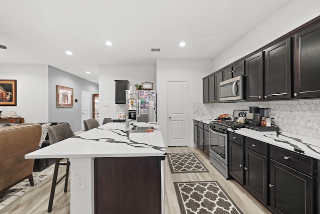 kitchen featuring visible vents, a center island with sink, stainless steel appliances, decorative backsplash, and light wood-type flooring