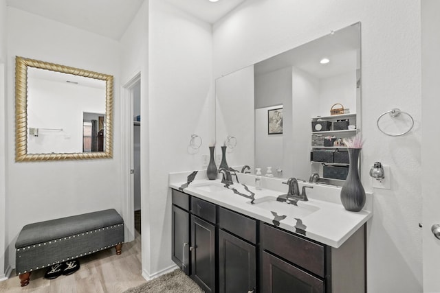 bathroom with double vanity, wood finished floors, and a sink