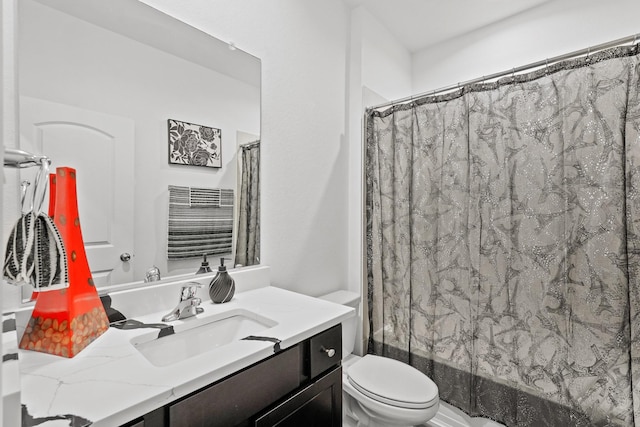 full bath with shower / bathtub combination with curtain, toilet, and vanity