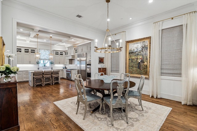 dining space with visible vents, coffered ceiling, dark wood-type flooring, beamed ceiling, and a chandelier