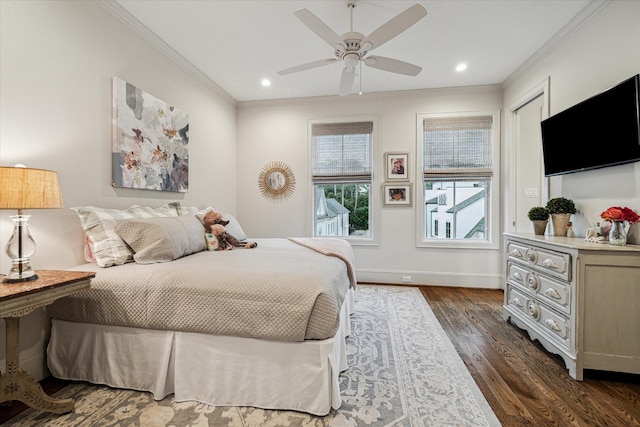 bedroom with baseboards, dark wood finished floors, crown molding, and recessed lighting