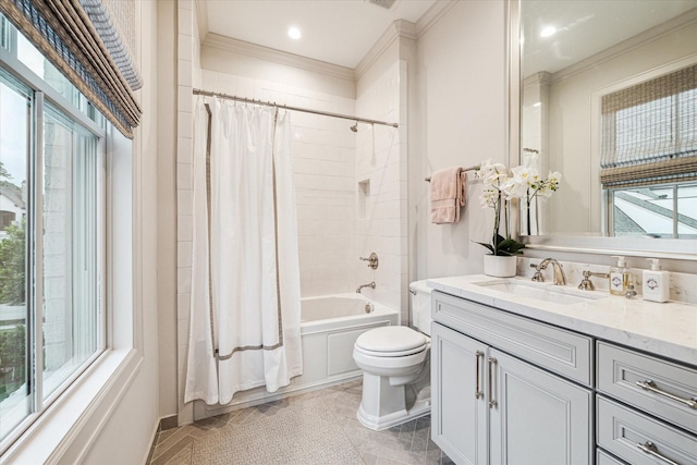 bathroom featuring shower / bath combination with curtain, crown molding, vanity, and toilet