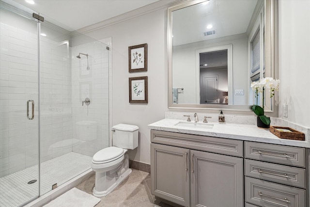 full bath with a stall shower, vanity, toilet, and crown molding