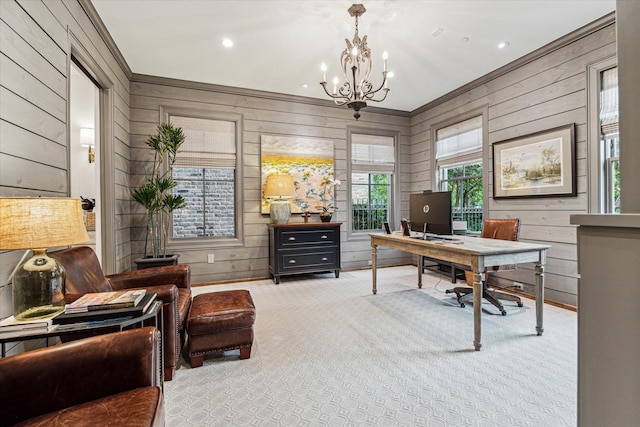 office space with wooden walls, recessed lighting, carpet, and a notable chandelier