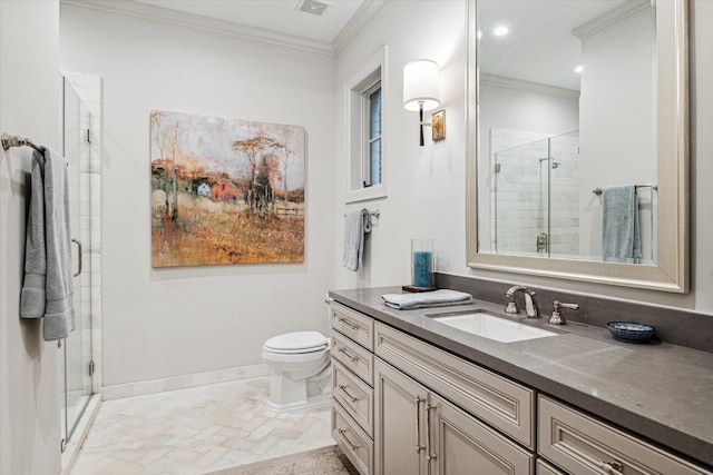 full bath with toilet, ornamental molding, a shower stall, vanity, and baseboards