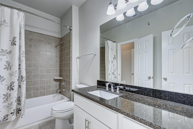 bathroom with tile patterned flooring, visible vents, toilet, shower / tub combo, and vanity