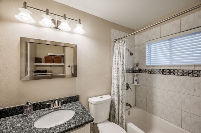 full bathroom with shower / bathtub combination with curtain, toilet, and vanity