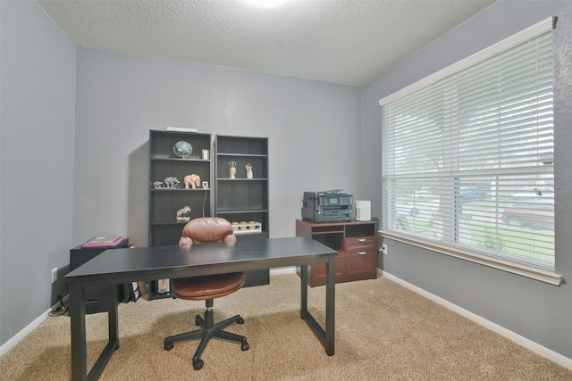 office with a textured ceiling and carpet