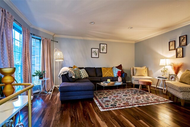 living room with ornamental molding and dark hardwood / wood-style flooring