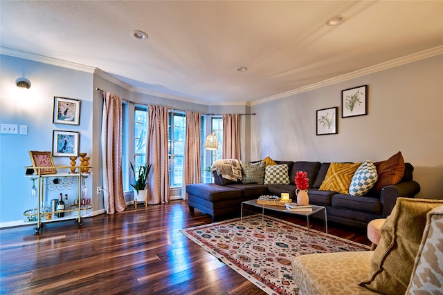 living room featuring dark hardwood / wood-style floors and crown molding