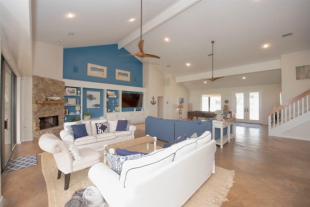 3821 Nasa Rd Unit 1, Seabrook, TX 77586 - living room featuring beamed ceiling, a fireplace, french doors, ceiling fan, and recessed lighting