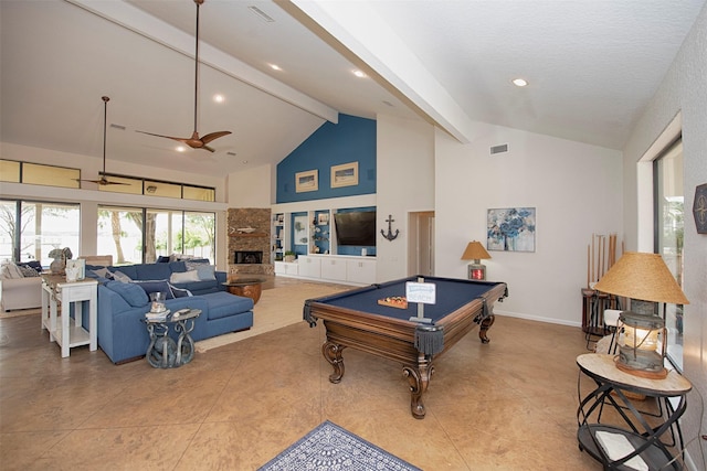 3821 Nasa Rd Unit 1, Seabrook, TX 77586 - rec room featuring beamed ceiling, billiards table, high vaulted ceiling, ceiling fan, and a stone fireplace