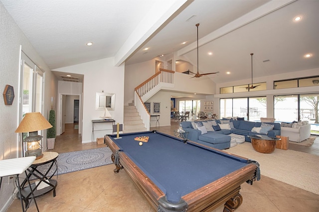 3821 Nasa Rd Unit 1, Seabrook, TX 77586 - rec room with beamed ceiling, billiards, light tile patterned flooring, a ceiling fan, and high vaulted ceiling