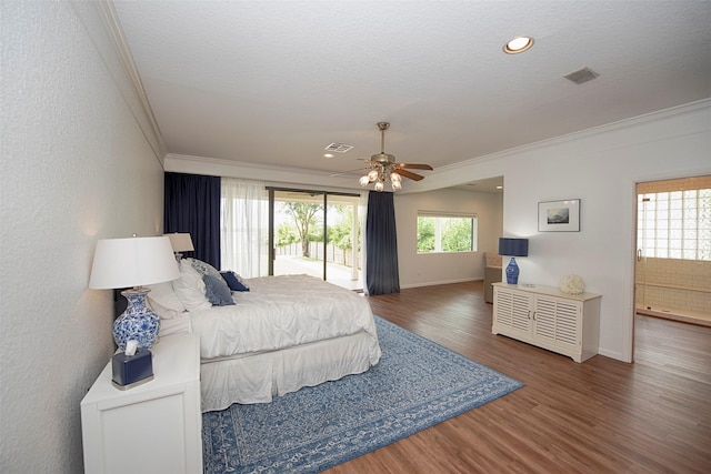 3821 Nasa Rd Unit 1, Seabrook, TX 77586 - bedroom featuring ornamental molding, wood finished floors, access to outside, recessed lighting, and ceiling fan