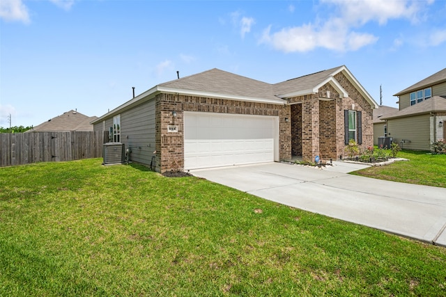 ranch-style home with a garage, central AC unit, and a front lawn