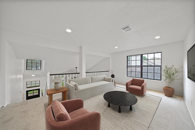 living room with light colored carpet