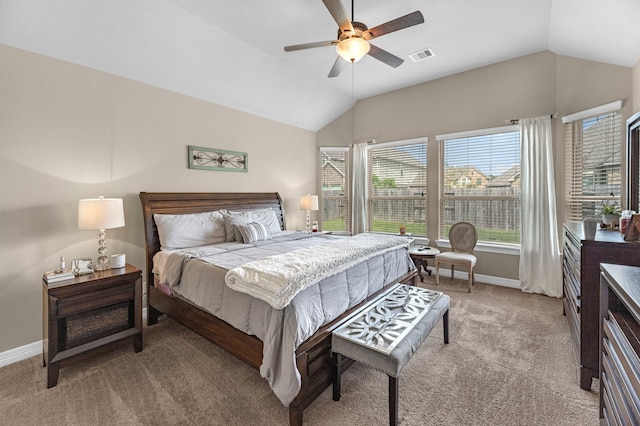 bedroom featuring ceiling fan, carpet floors, and lofted ceiling