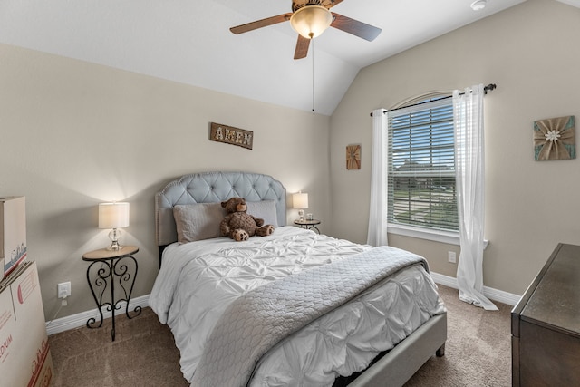 carpeted bedroom with lofted ceiling and ceiling fan