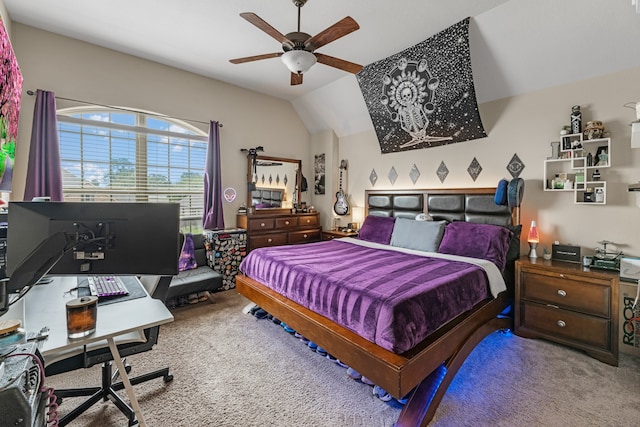 carpeted bedroom featuring ceiling fan and vaulted ceiling