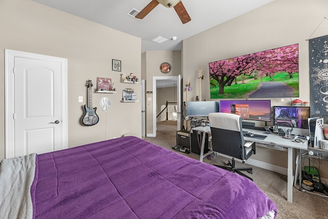 bedroom with ceiling fan and carpet floors