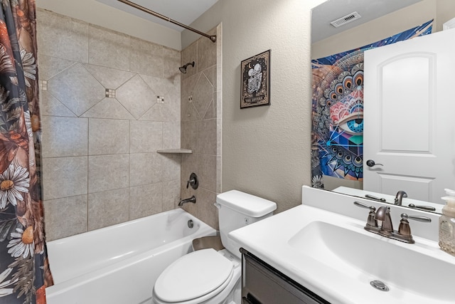 full bathroom with shower / bathtub combination with curtain, toilet, and vanity