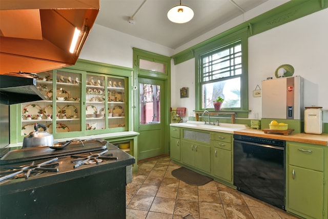 kitchen featuring dishwasher, premium range hood, green cabinetry, and sink