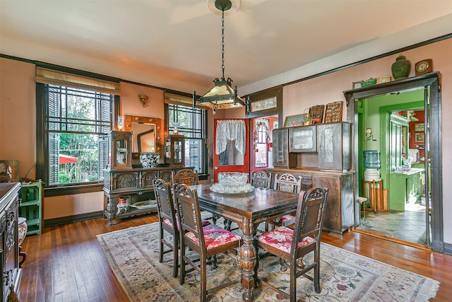 dining area featuring dark wood-type flooring