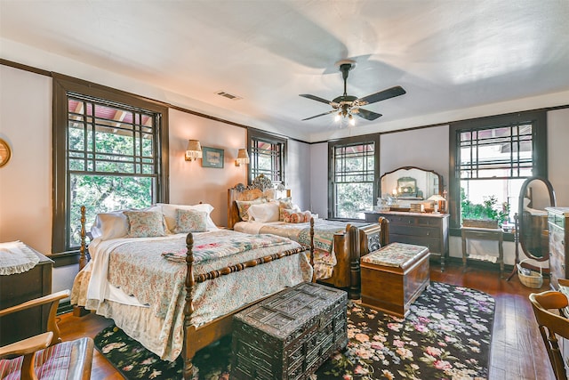 bedroom featuring dark wood-type flooring and ceiling fan