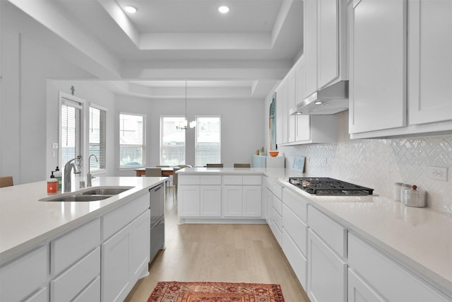 kitchen with a tray ceiling, gas stovetop, light countertops, a sink, and under cabinet range hood