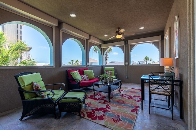 view of patio with an outdoor hangout area and ceiling fan