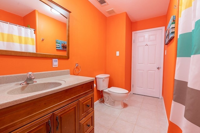 22921 Chiquita St, Galveston, TX 77554 - full bathroom with tile patterned floors, visible vents, toilet, curtained shower, and vanity