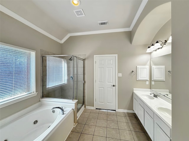 bathroom featuring tile patterned flooring, ornamental molding, vanity, lofted ceiling, and shower with separate bathtub