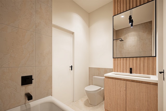 full bathroom with shower / bathtub combination, vanity, toilet, and tile patterned floors